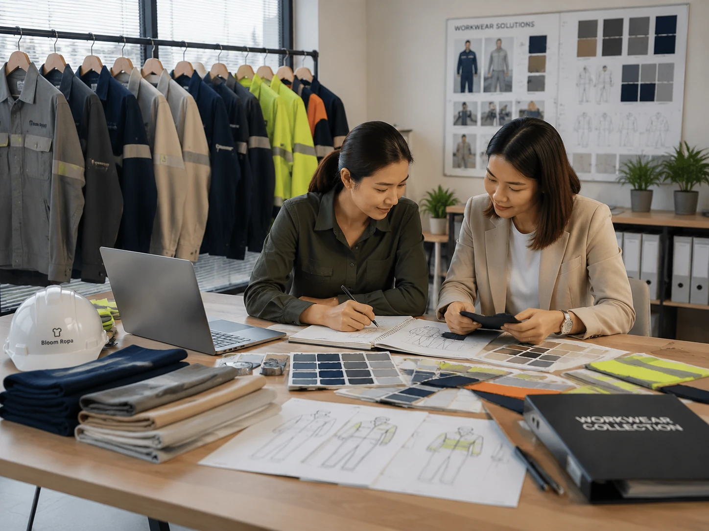 Workwear apparel development studio with uniform design, fabric samples and product development workspace